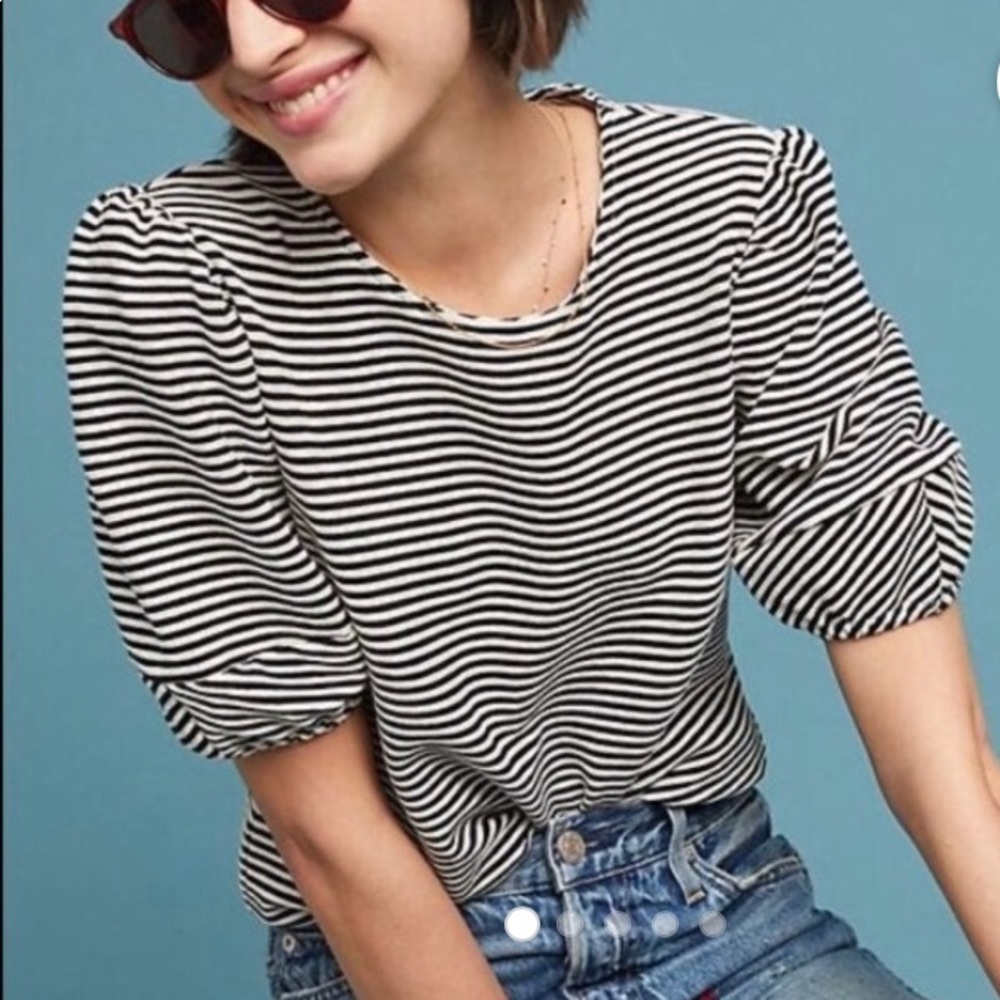 Anthropologie Dolan Striped Puff Sleeve Top - black & off-white - M
